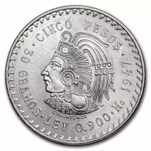 1947 Mexico Silver 5 Pesos Cuauhtemoc Coin (In Capsule)