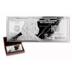 2016 $100 Dollar Bill 1 oz  Ben Franklin Currency Silver Proof  Bar (w/Case & COA)