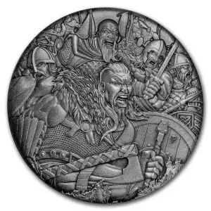 2018 Tuvalu 2 oz Warfare-Vikings High Relief Antiqued Silver Coin (w/Box & COA)