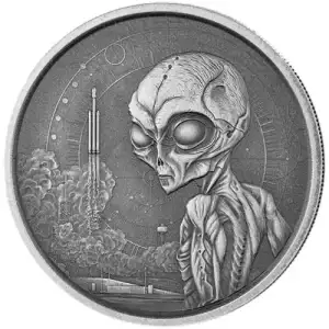 2021 Republic of Ghana 1 oz Antiqued Silver 5 Dollar Space Alien BU Coin (In Capsule) (2)