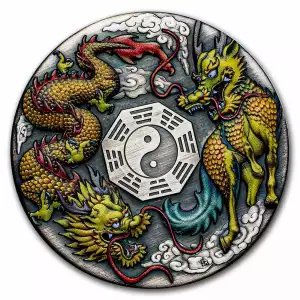 2022 Tuvalu 2 oz Antiqued Silver Dragon & Qilin Colorized Coin