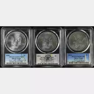 Set of 3 Stack's Bowers Galleries Commemorative American Silver Eagles Gem Uncirculated (PCGS)